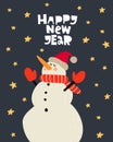 Happy new year. cartoon snowman, hand drawing lettering, decor elements on a neutral background. holiday theme.  Colorful vector i Royalty Free Stock Photo